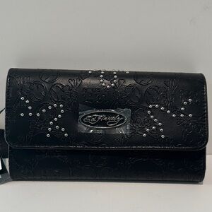 NWT Ed Hardy International Long Black Wallet with Snap closure.